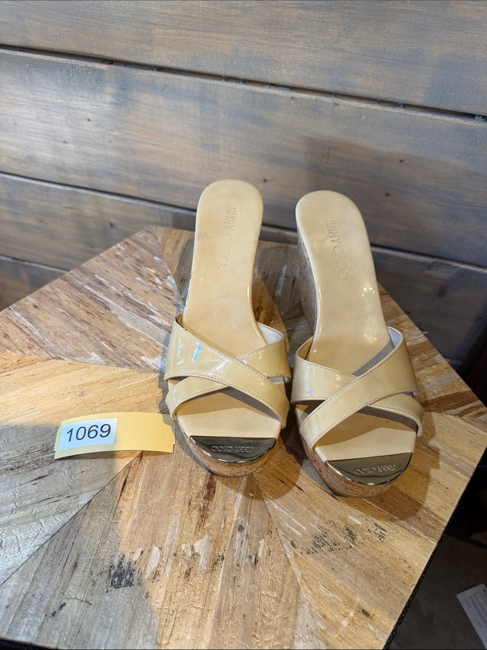 Jimmy Choo Nude Patent Cross-Strap Cork Wedge Mules